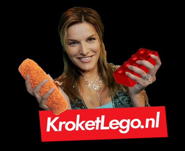 lucille werner holding a kroket in one hand and a lego blokje in the
        other
